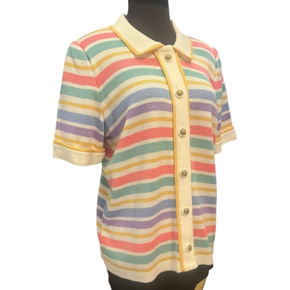 Vtg Knit Striped Colorful Coquette Preppy Coastal Grandma Cardigan Preppy 14